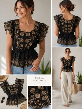 Democracy Black Top with Gold Embroidered Lace